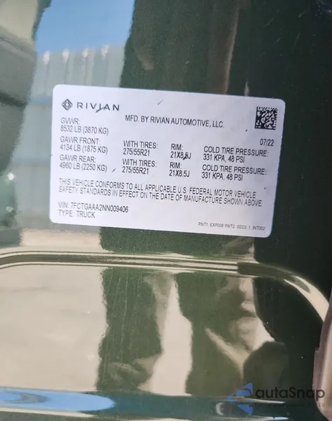 2022 Rivian R1T Adventure z USA, uszkodzony, nr VIN 7FCTGAAA2NN009406